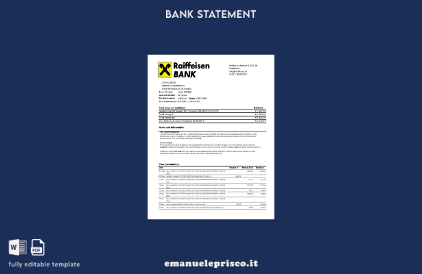 modello Excel di estratto conto bancario Raiffeisen Slovacchia in stile verifica